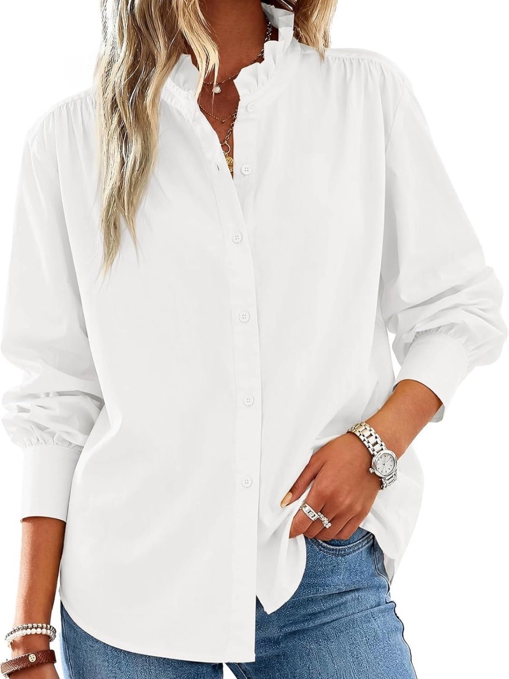 Cicy Bell- White Ruffle Collar Button-Down Shirt - Women